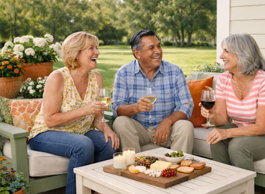 Three people are sitting on a couch with a tray of food and glasses of wine.