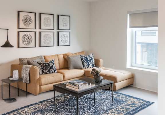 A living room with a tan couch, a coffee table, and a blue rug.