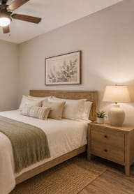 A bedroom with a bed, nightstands, and a ceiling fan.