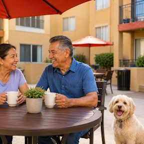 A man and woman are sitting at a table with a dog, enjoying a cup of coffee.