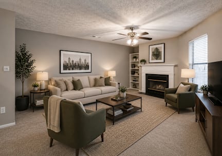 A living room with a grey couch, a white cabinet, and a ceiling fan at Southland Station Apartments, Warner Robins, Georgia