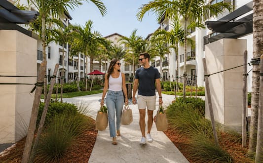 A man and a woman are walking down a path carrying shopping bags.