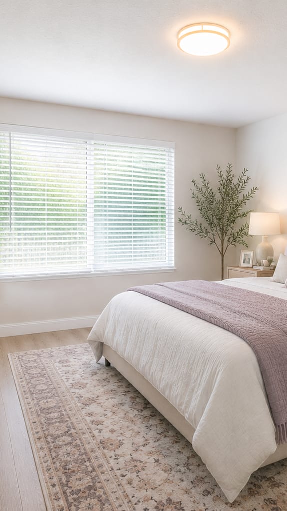 A bedroom with a white bed and a blue and yellow throw blanket.