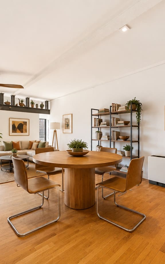 A modern dining room with a wooden table and chairs.