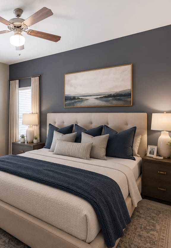 a bedroom with a bed and a door to a bathroom  at Lullwater at Big Ridge, Hixson, TN, 37343