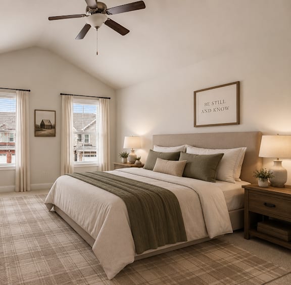 A bedroom with a large bed, a chair, and a ceiling fan.