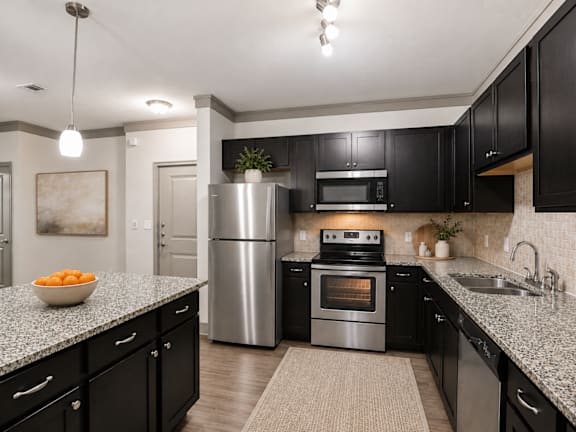 A modern kitchen with black cabinets and stainless steel appliances.