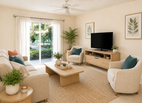 A living room with a television, two chairs, a sofa, and a coffee table.