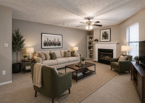 A living room with a ceiling fan, a chair, a couch, and a rug at Southland Station Apartments, Warner Robins, GA, 31088