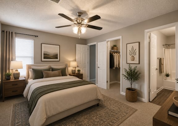 A bedroom with a bed, chair, and ceiling fan at Southland Station Apartments, Warner Robins, Georgia, 31088