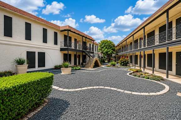 A courtyard with a circular pathway surrounded by buildings.