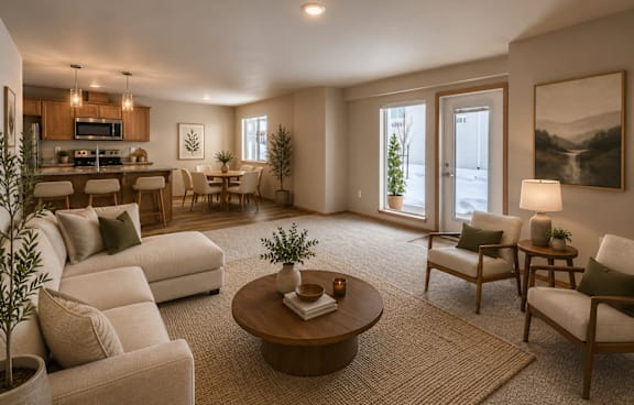 A well-lit living room with a kitchen in the background.