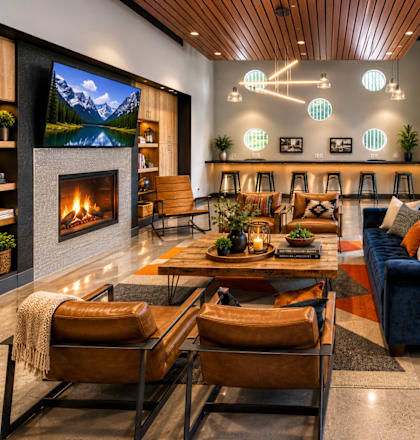 A modern living room with a fireplace and a large screen TV.