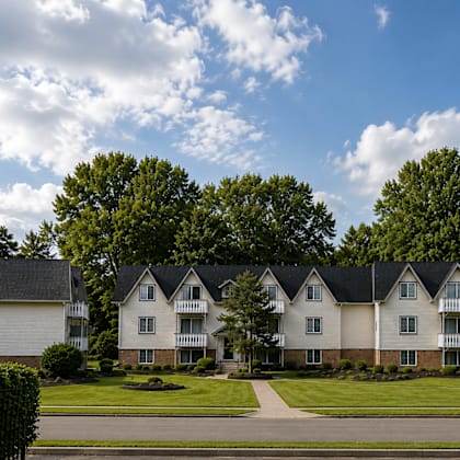 A row of houses with trees in the background.