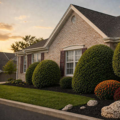 A house with a well-manicured lawn and garden in front.