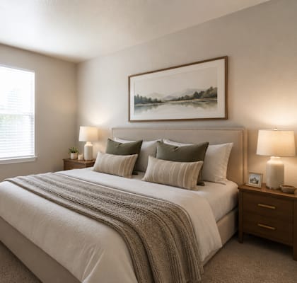 A bedroom with a large bed, a potted plant, and a framed picture on the wall.
