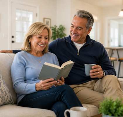 A man and woman are sitting on a couch, reading a book together.