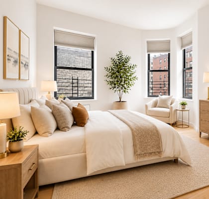 A bedroom with a large bed, a TV, and a window with a view of a cityscape.