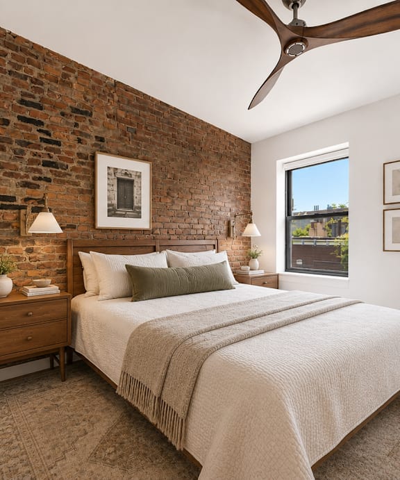 A bedroom with a large bed and a painting on the wall.