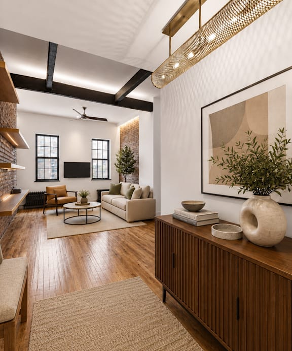 A modern living room with a bar area and a flat screen TV.