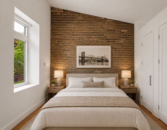 A bedroom with a brick wall and a large bed.