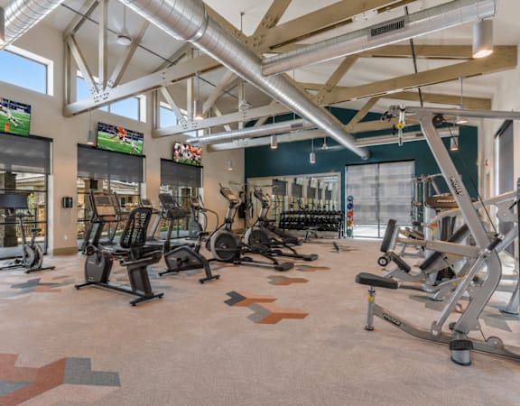 Modern fitness center with cardio equipment, free weights, and strength training machines.