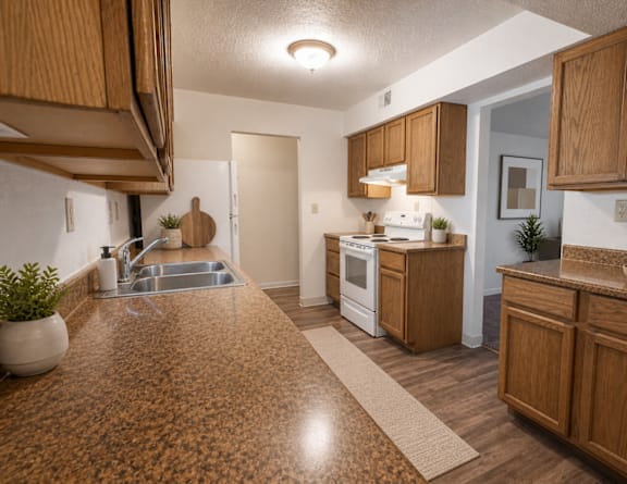 A bedroom with a bed, a lamp, and a carpeted floor at Candlewyck Apartments, Kalamazoo, MI.