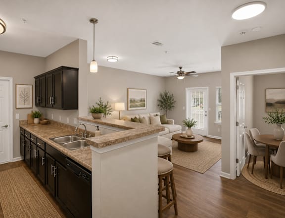 A modern kitchen with dark brown cabinets and a white island.