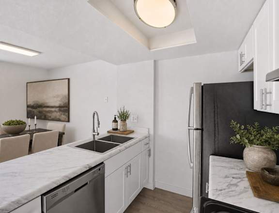A kitchen with a black fridge and a marble countertop.