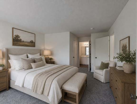 A bedroom with a large bed, a chair, and a painting on the wall.