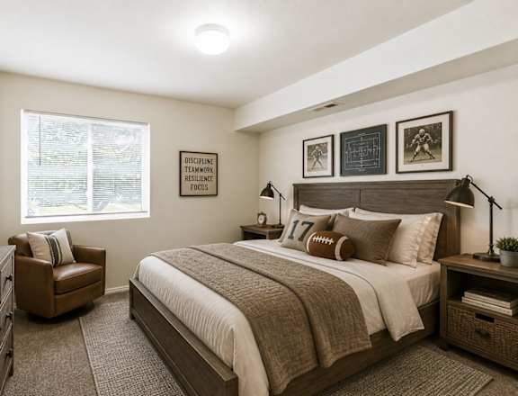 A bedroom with a bed, chair, and two framed pictures on the wall. at Slate Canyon Apartments, Utah, 84606