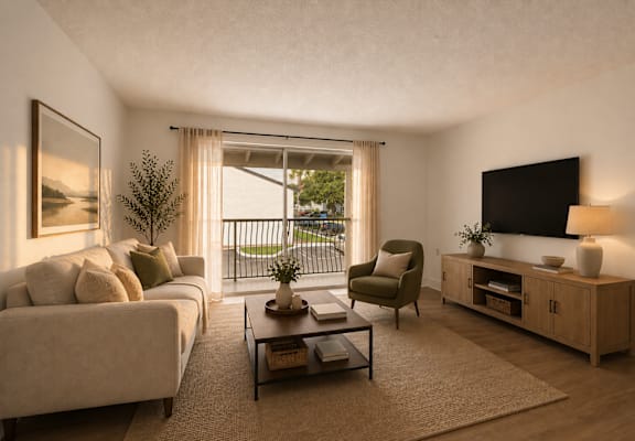 A living room with a couch, chair, and a television.