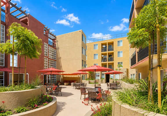 A sunny day at a courtyard with tables and chairs and umbrellas.