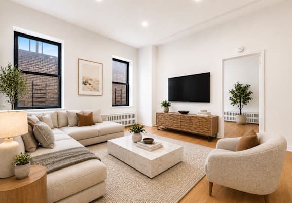 A modern living room with a white sofa, a white coffee table, and a white chair.