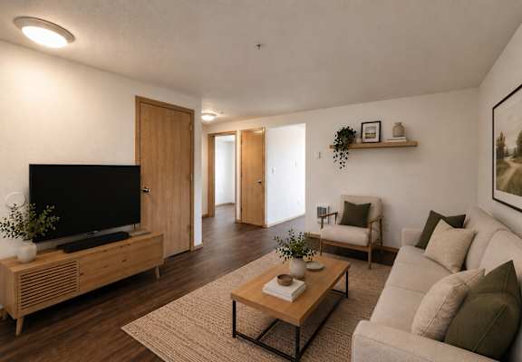 A living room with a television, couch, and coffee table.