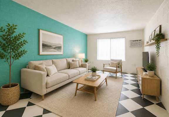 A living room with a couch, chair, and a plant.