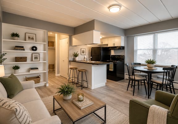 A modern living room with a kitchen area in the background.
