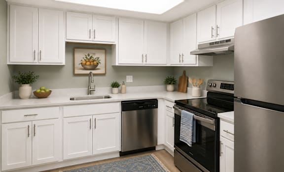 A modern kitchen with white cabinets and stainless steel appliances.