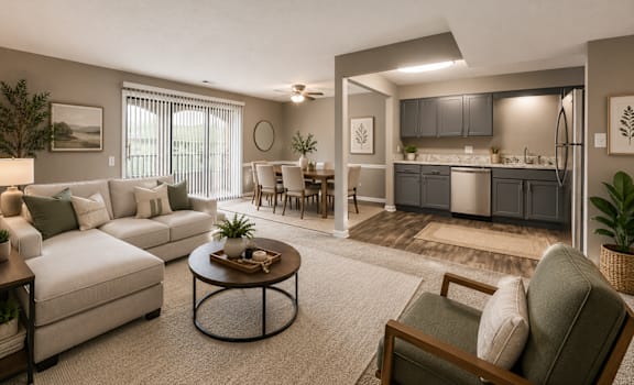 A living room with a white couch, a coffee table, and a kitchen area in the background.