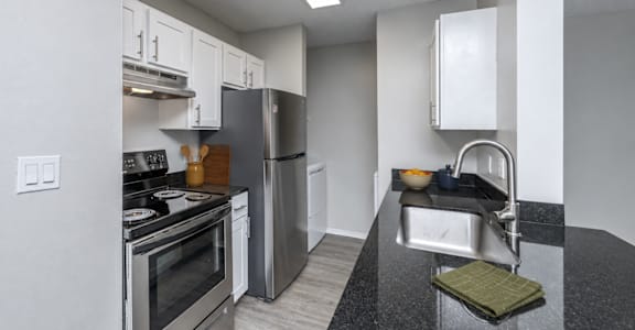 A modern kitchen with stainless steel appliances and a black countertop.