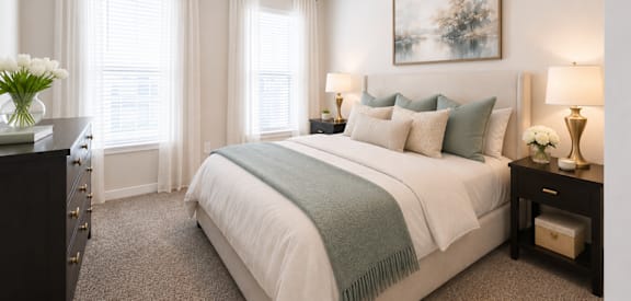 A bedroom with a large bed, a ceiling fan, and a painting on the wall.