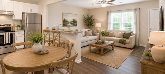 A well-lit, modern kitchen and dining area with a wooden table and chairs.