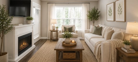 A cozy living room with a fireplace and a couch.