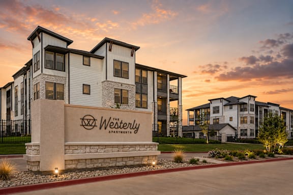 Entrance sign for The Westerly luxury apartments in Midlothian, Texas