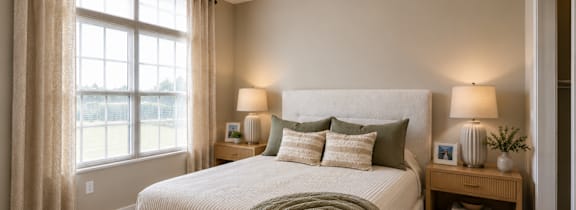 A bedroom with a large bed and a window with curtains.
