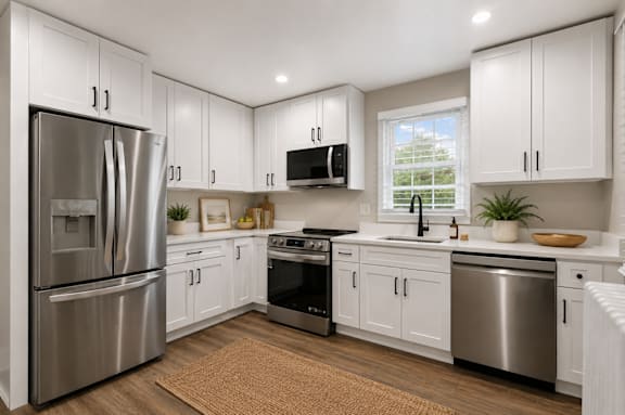 A modern kitchen with white cabinets and stainless steel appliances.