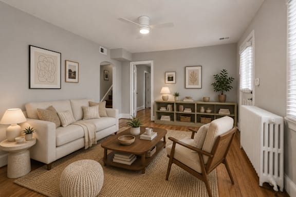A living room with a white couch, a wooden coffee table, and a white radiator.