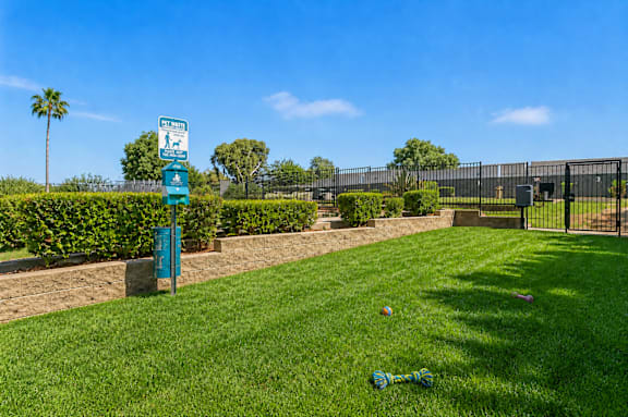 A blue sign with white text is on a post in a grassy area.