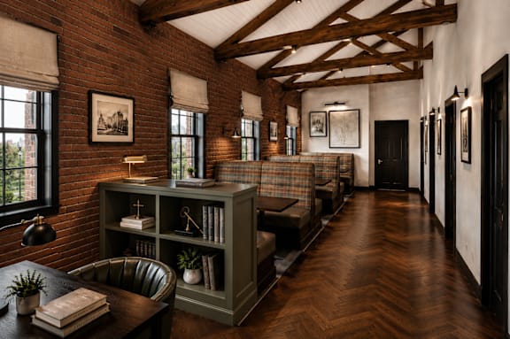 A room with a brick wall and wooden beams on the ceiling.