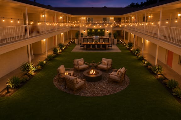 A courtyard with a fire pit surrounded by chairs and plants.